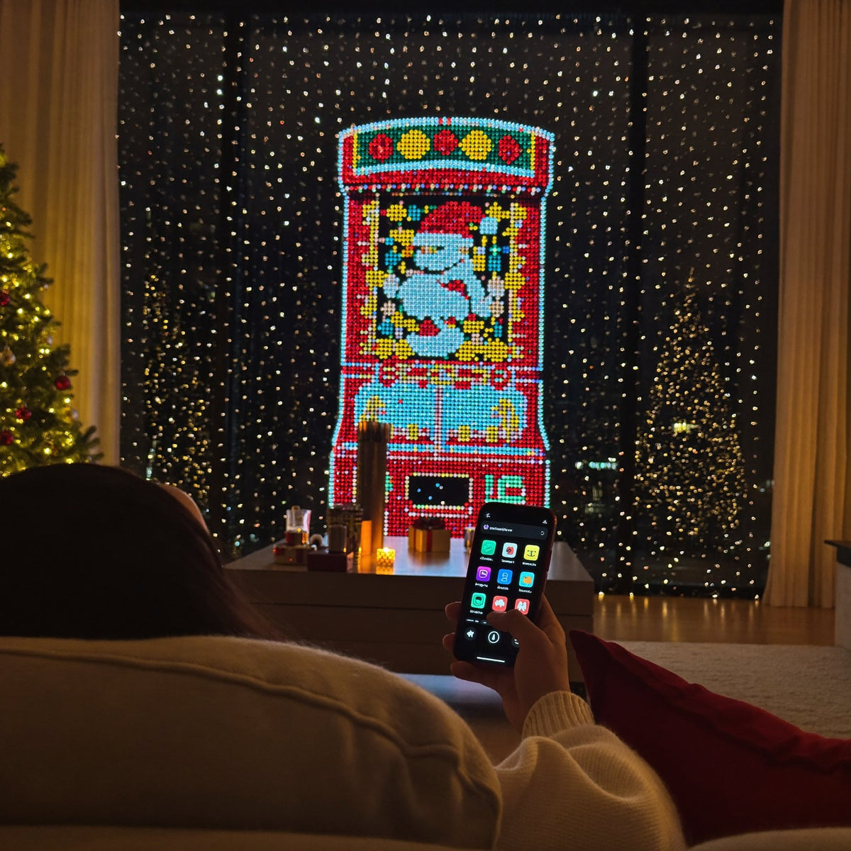 Choosing a slot machine scene on the MerryMarquee curtain with the phone app