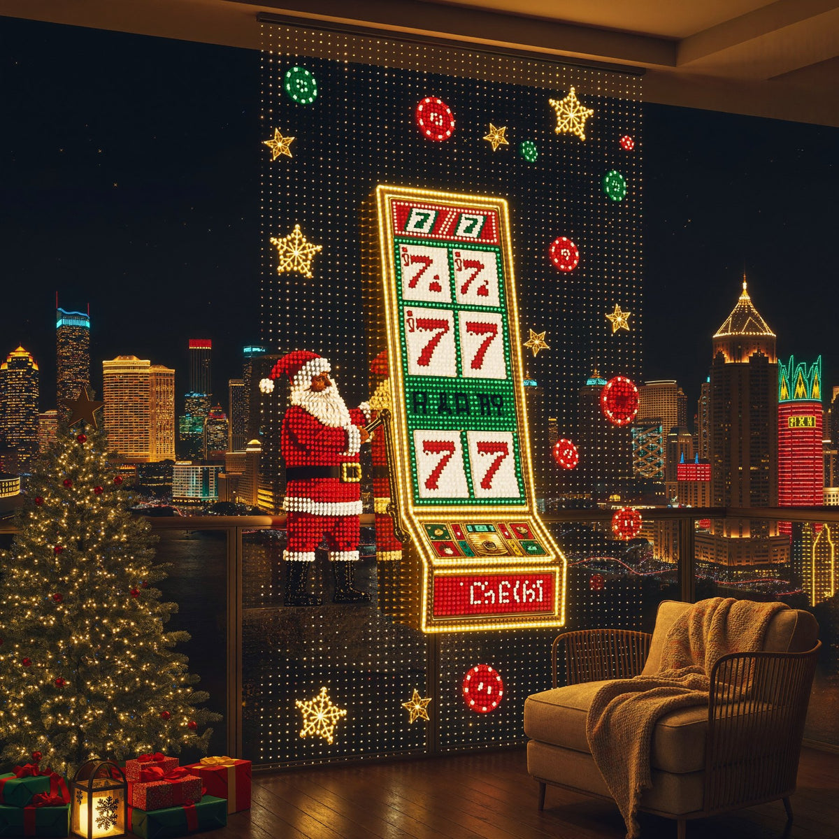 MerryMarquee light curtain with Santa and a 777 slot machine, city skyline at night