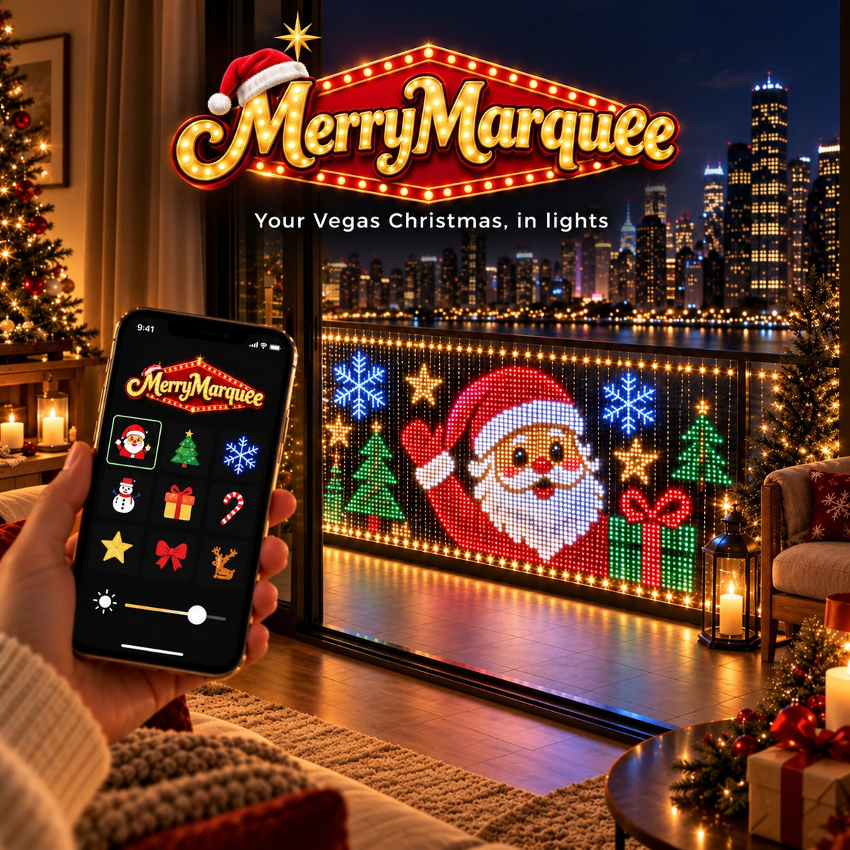 MerryMarquee LED pixel light curtain showing Santa, controlled with the phone app