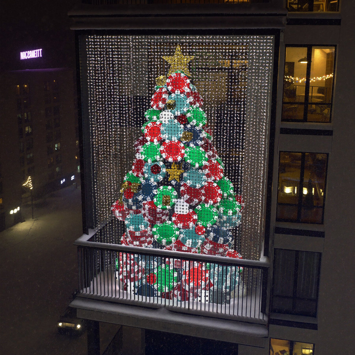 MerryMarquee showing a Christmas tree made of poker chips, seen from the street