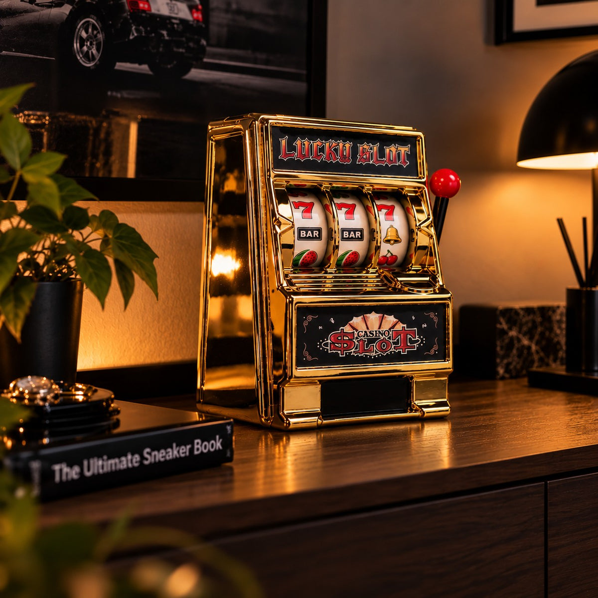 Gold Jackpot desk slot machine on a sideboard