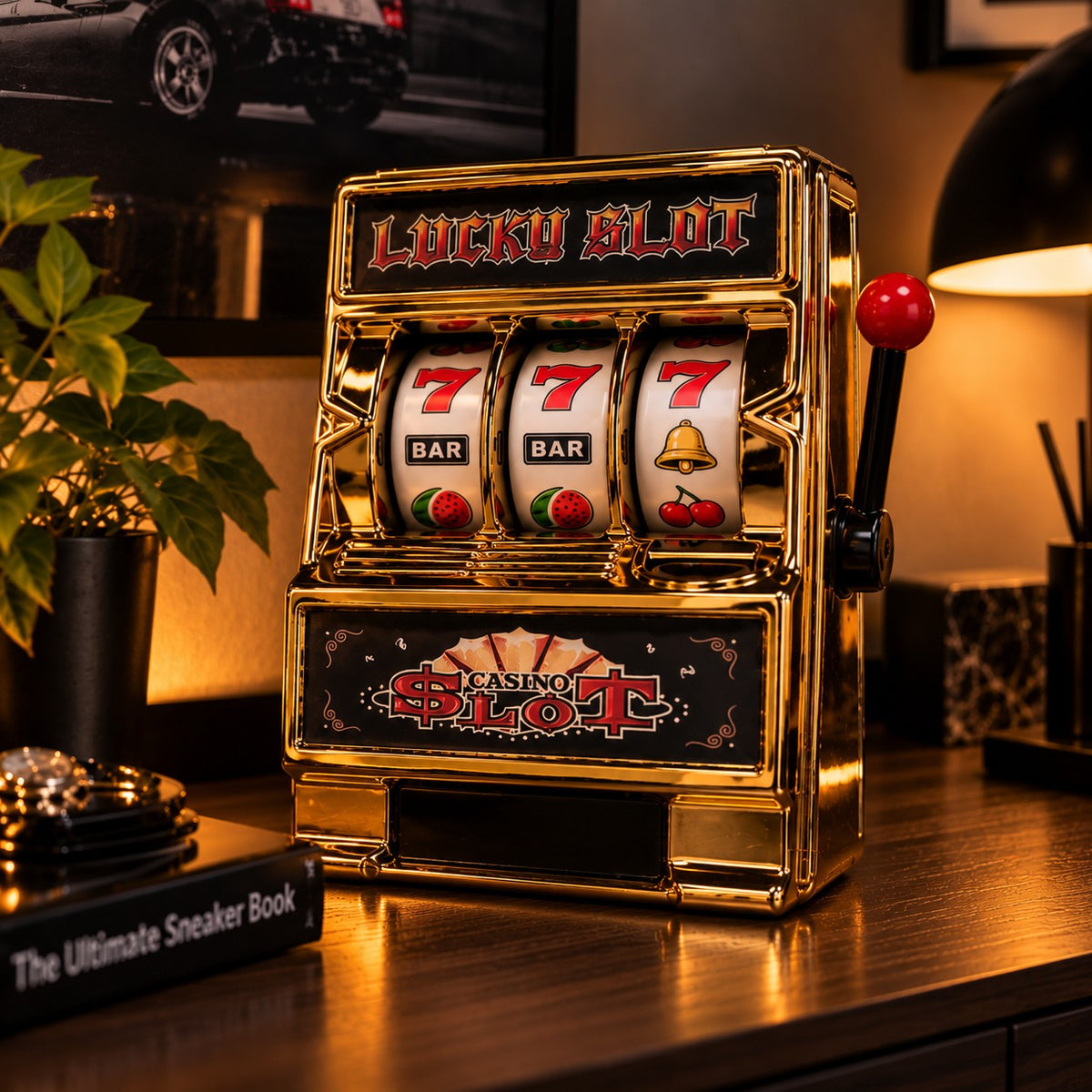 Gold slot machine next to a desk lamp