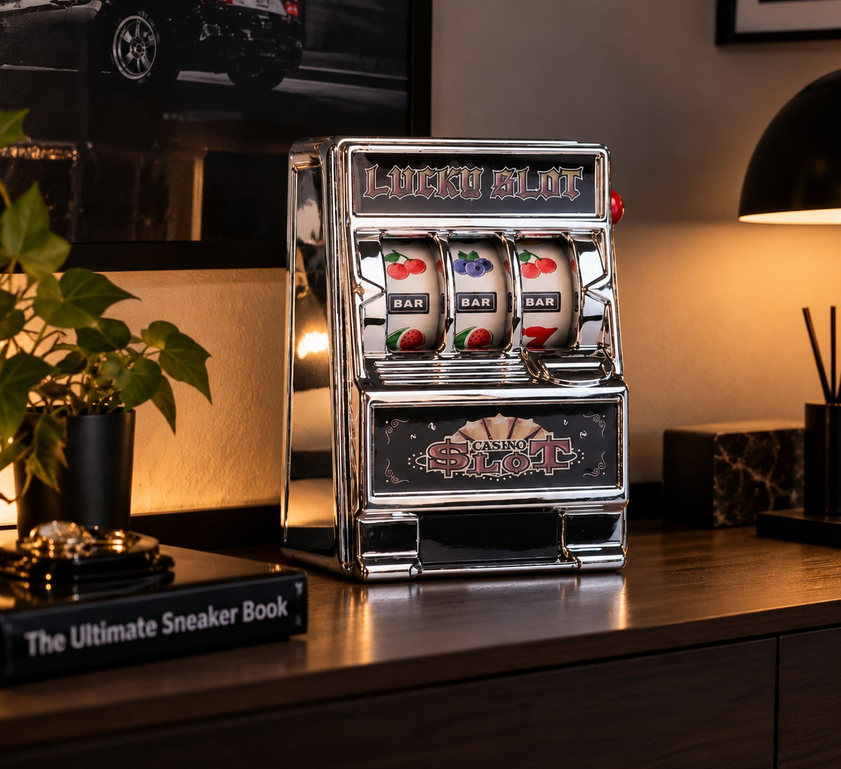 Silver Jackpot desk slot machine on a sideboard