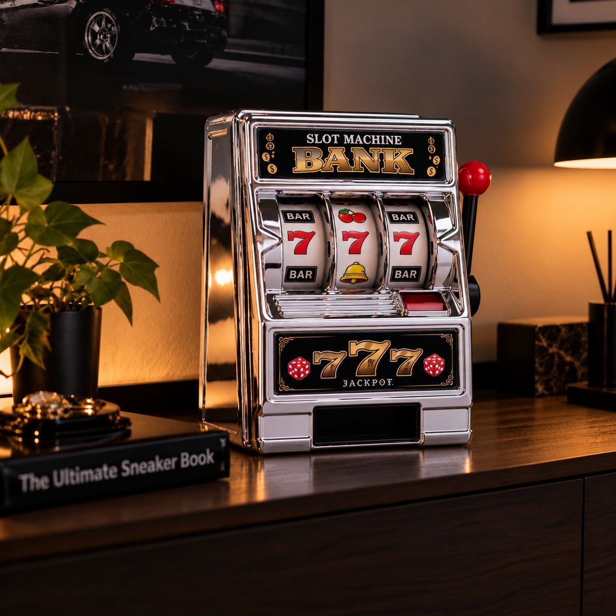 Silver slot machine coin bank with 777 jackpot